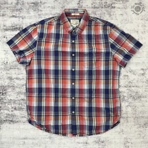 Lucky Brand Slim Fit Shirt Mens Large Red Blue Plaid Short Sleeve Button Up